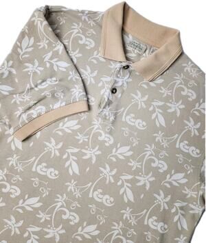 Vintage St John's Bay Polo Men's L Short Sleeve Beige Island Ocean Theme Pattern